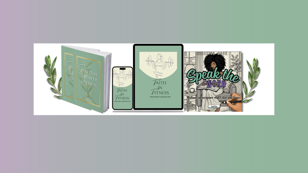 Aesthetic flat lay of a holistic wellness bundle including a journal, coloring book, and fitness plan designed for women over 40 focusing on faith, fitness, and personal growth