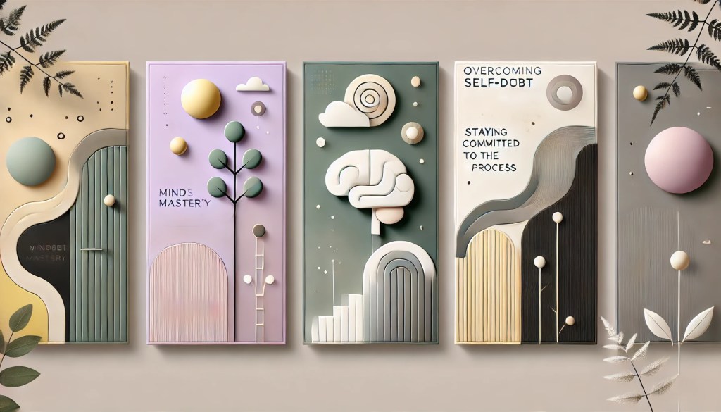 A motivational blog banner with the title 'Mindset Mastery: Overcoming Self-Doubt & Staying Committed to the Process,' featuring soft pastel purple, sage green, and warm cream tones. The design includes a confident woman stepping forward, symbolizing growth and transformation.