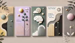 A motivational blog banner with the title 'Mindset Mastery: Overcoming Self-Doubt & Staying Committed to the Process,' featuring soft pastel purple, sage green, and warm cream tones. The design includes a confident woman stepping forward, symbolizing growth and transformation.